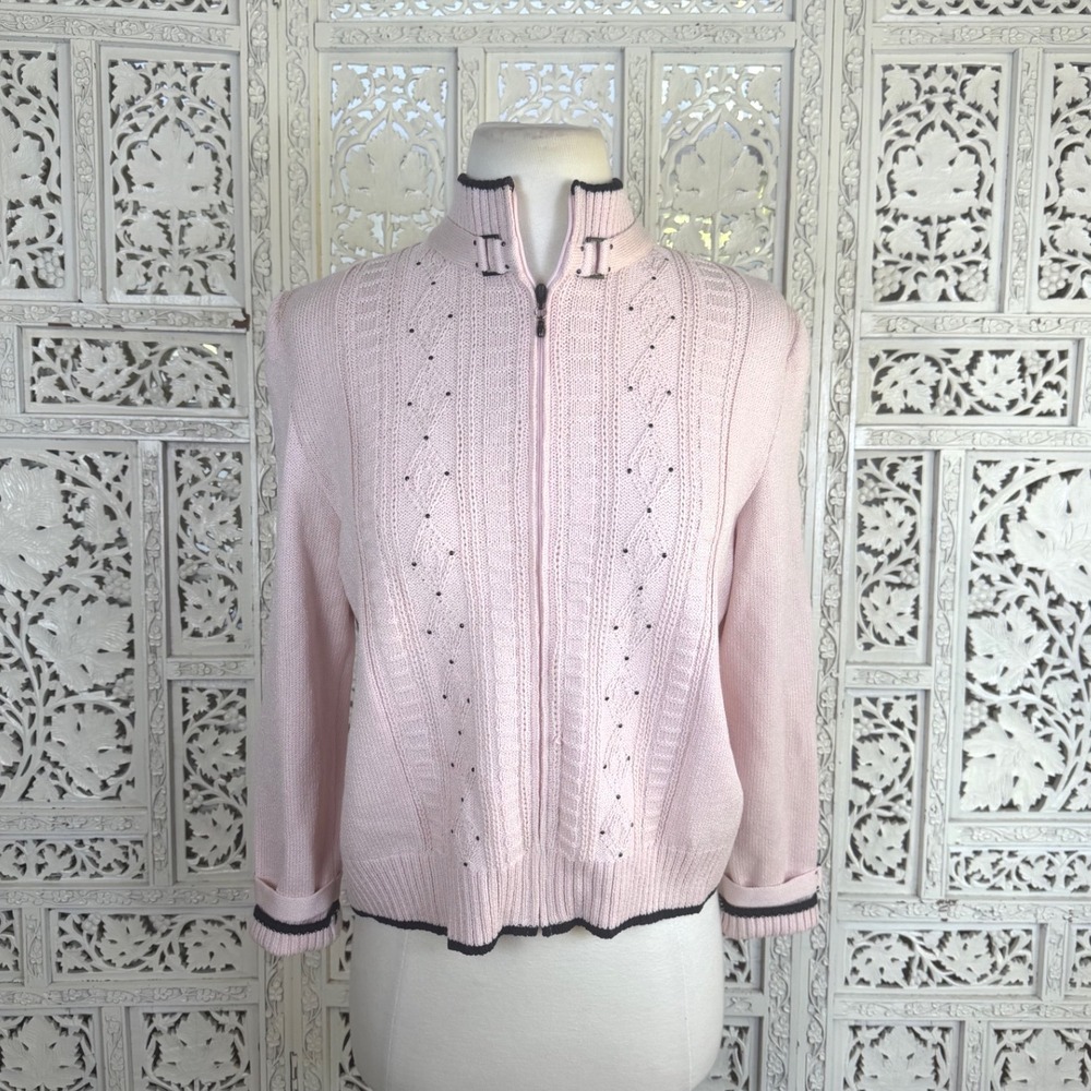St John Collection Baby Pink Full Zip Mock Neck Cardigan Sz 4 Preppy Career
